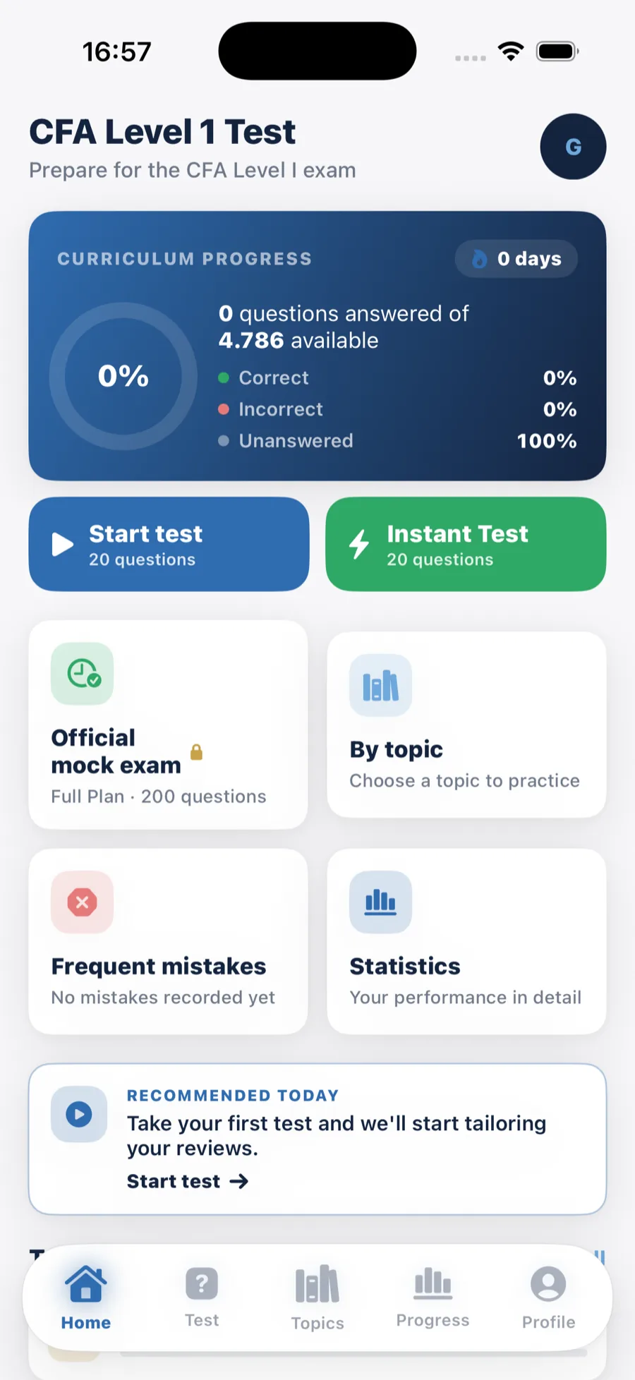 CFA Level 1 Test home screen with curriculum progress