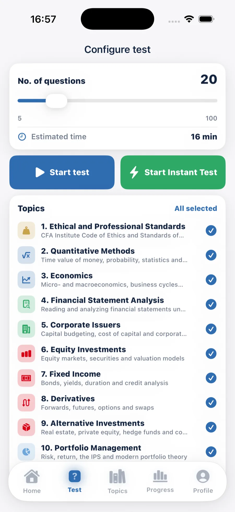 Configure a test choosing topics and number of questions