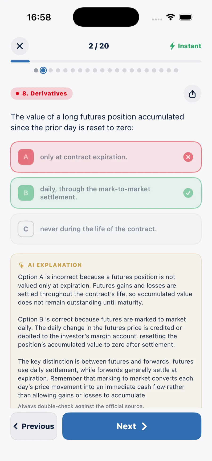 AI explanation on a Derivatives question about futures mark-to-market