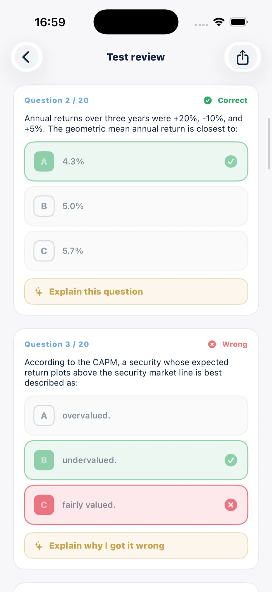 End-of-test review marking answers correct and wrong