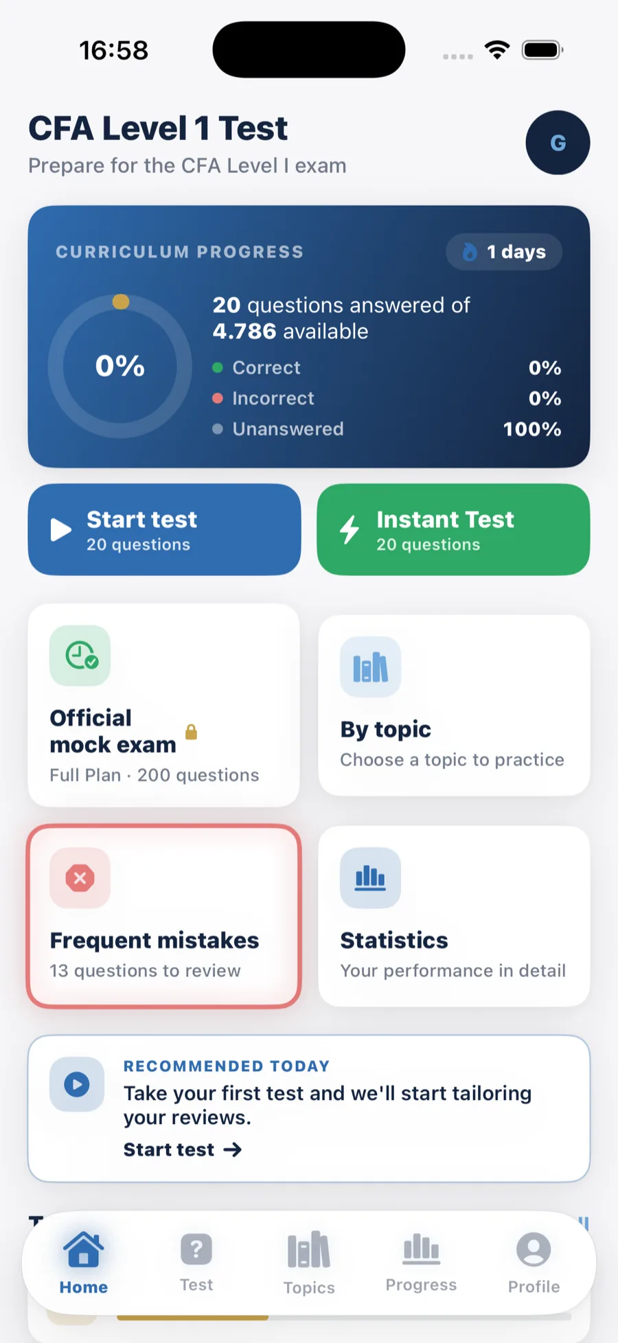 Home screen tracking answered questions and a daily streak